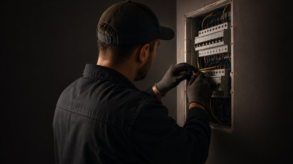 Artisan électricien ELM au travail sur un tableau électrique